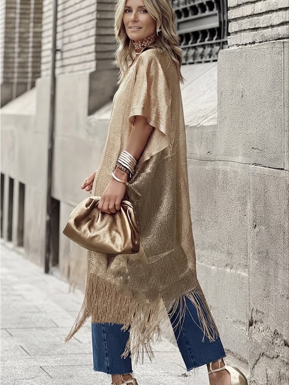 Gold Metallic Fringe Kimono Cardigan – Women’s Beach Cover-Up